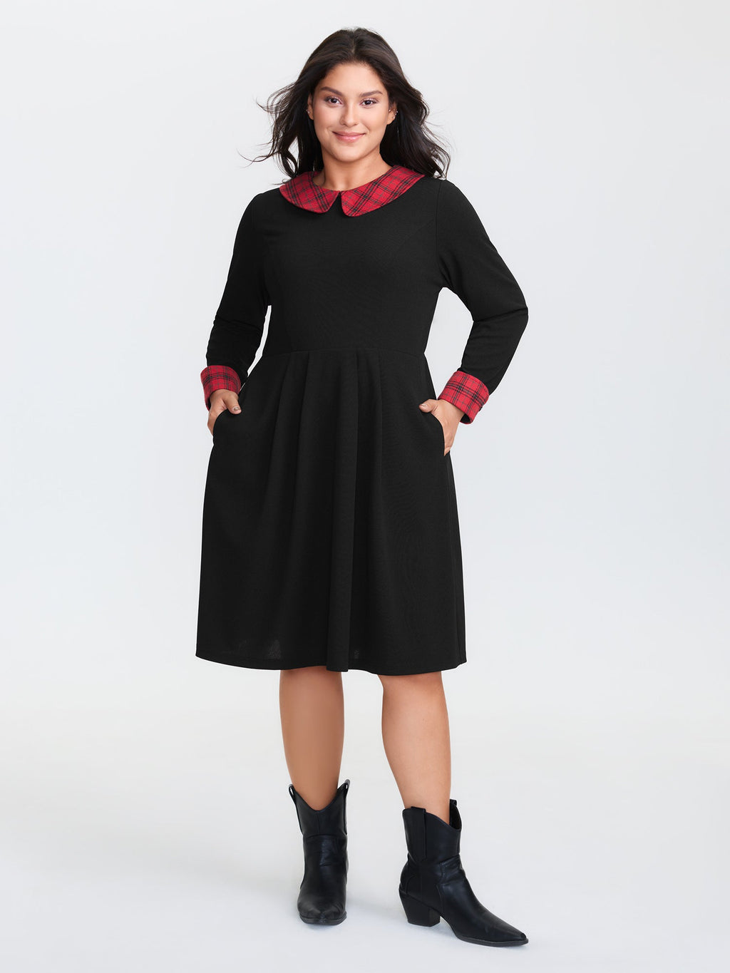 Plaid Collar Pleated Stretchy Waist Midi Dress