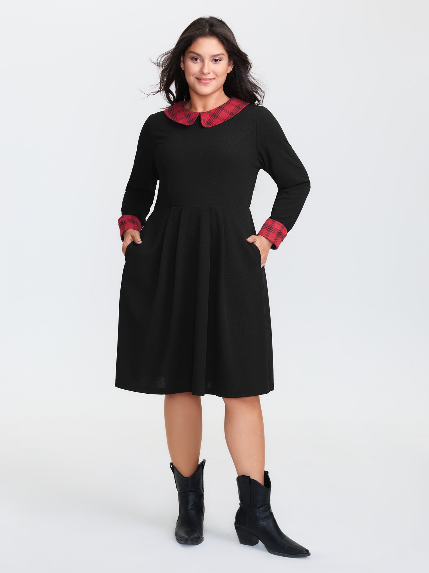 Plaid Collar Pleated Stretchy Waist Midi Dress