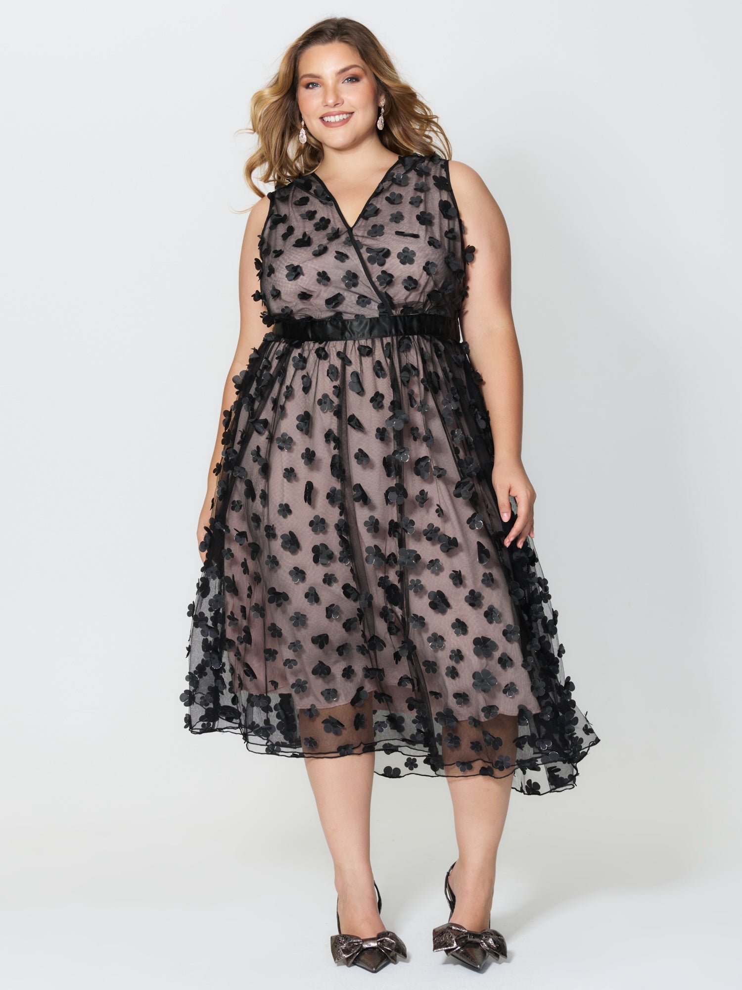 3D Floral Back-Tie Sheer Midi Dress