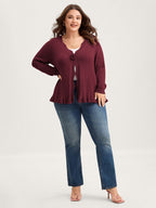 Supersoft Textured Floral Button Ruffled Hem Knit Cardigan