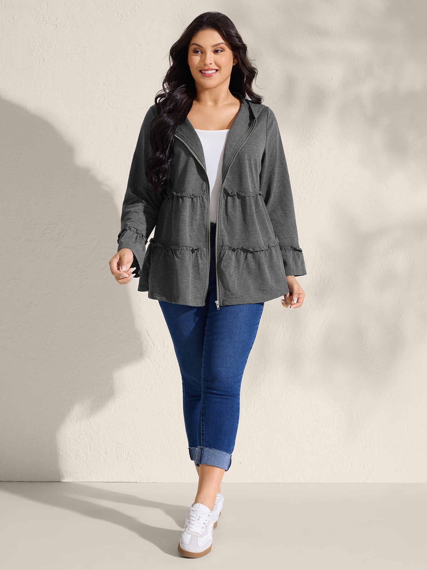 Tiered Ruffled Edges Pockets Jacket