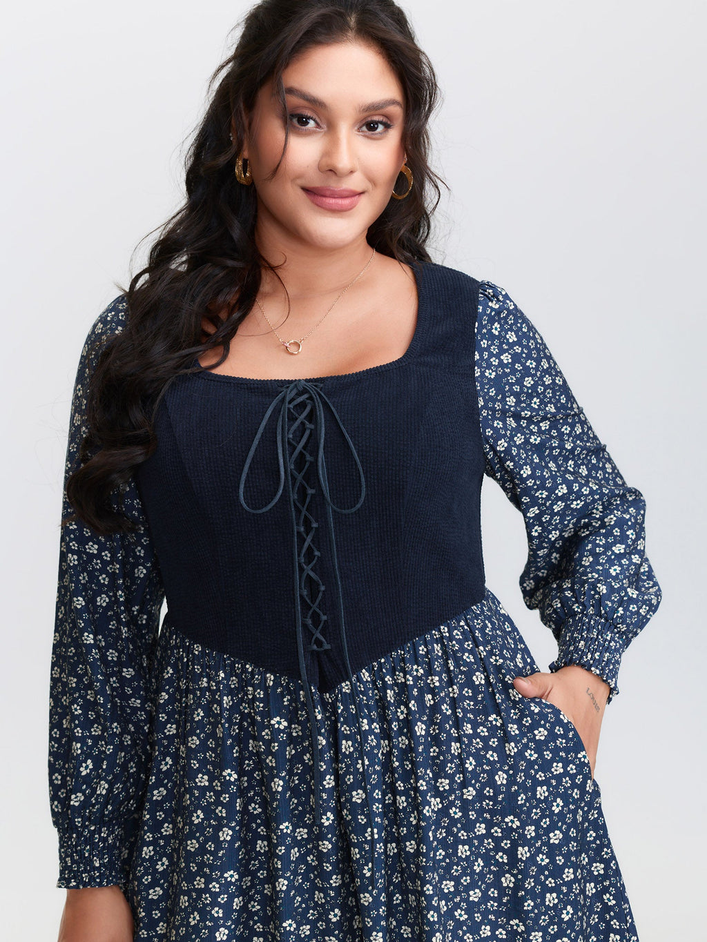 Corset Detail Shirred Floral Pockets Midi Dress