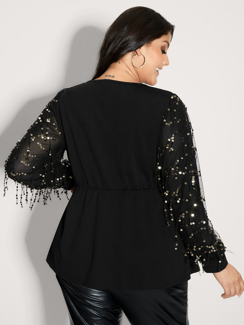 Sequin Sleeve Cut-Out Neck Top