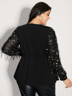 Sequin Sleeve Cut-Out Neck Top