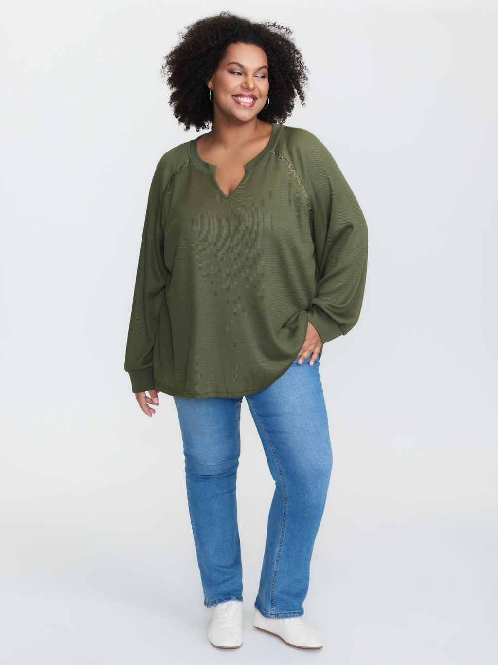 Waffle Grid Notched Collar Lace Sweatshirt