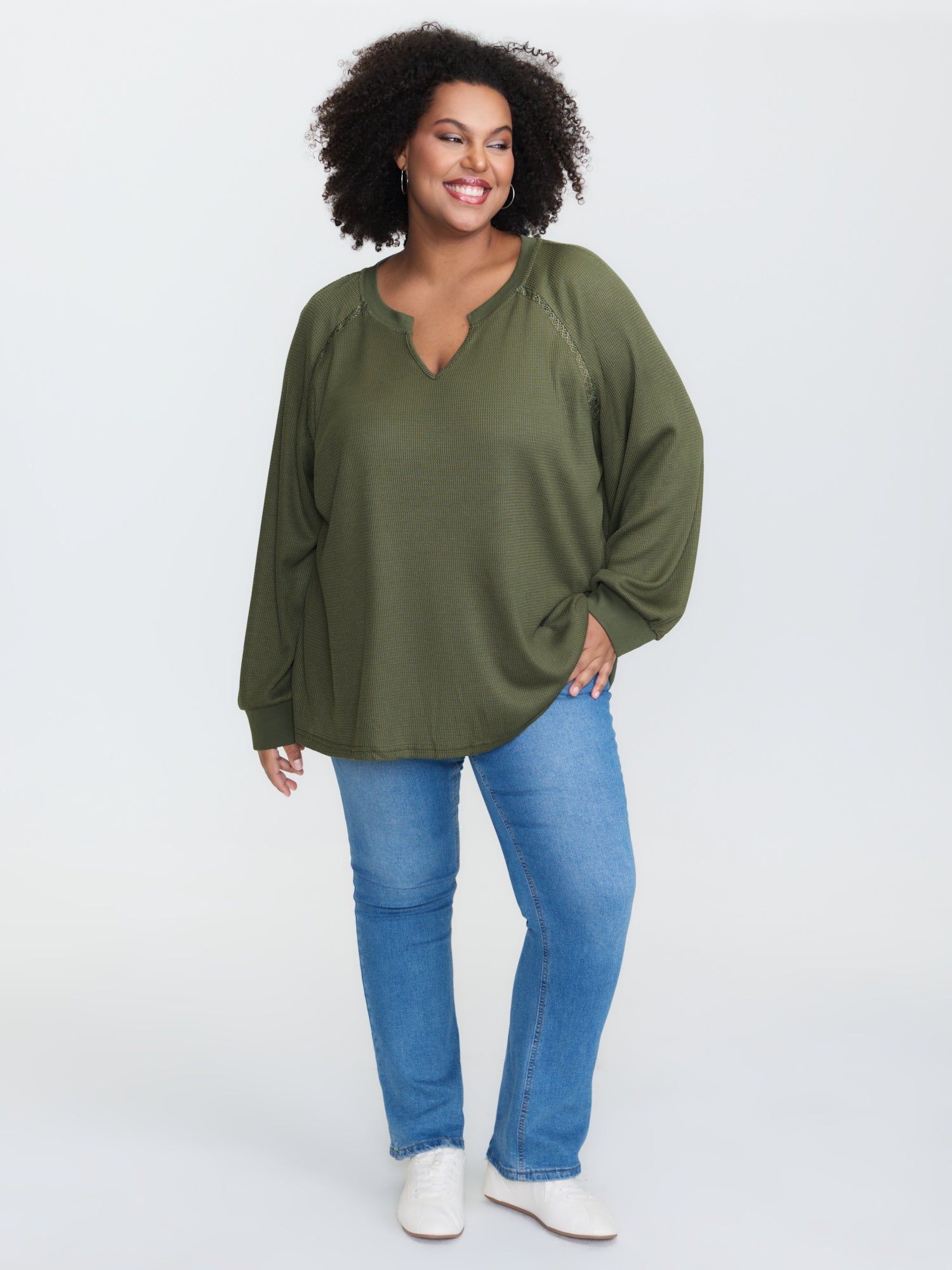 Waffle Grid Notched Collar Lace Sweatshirt