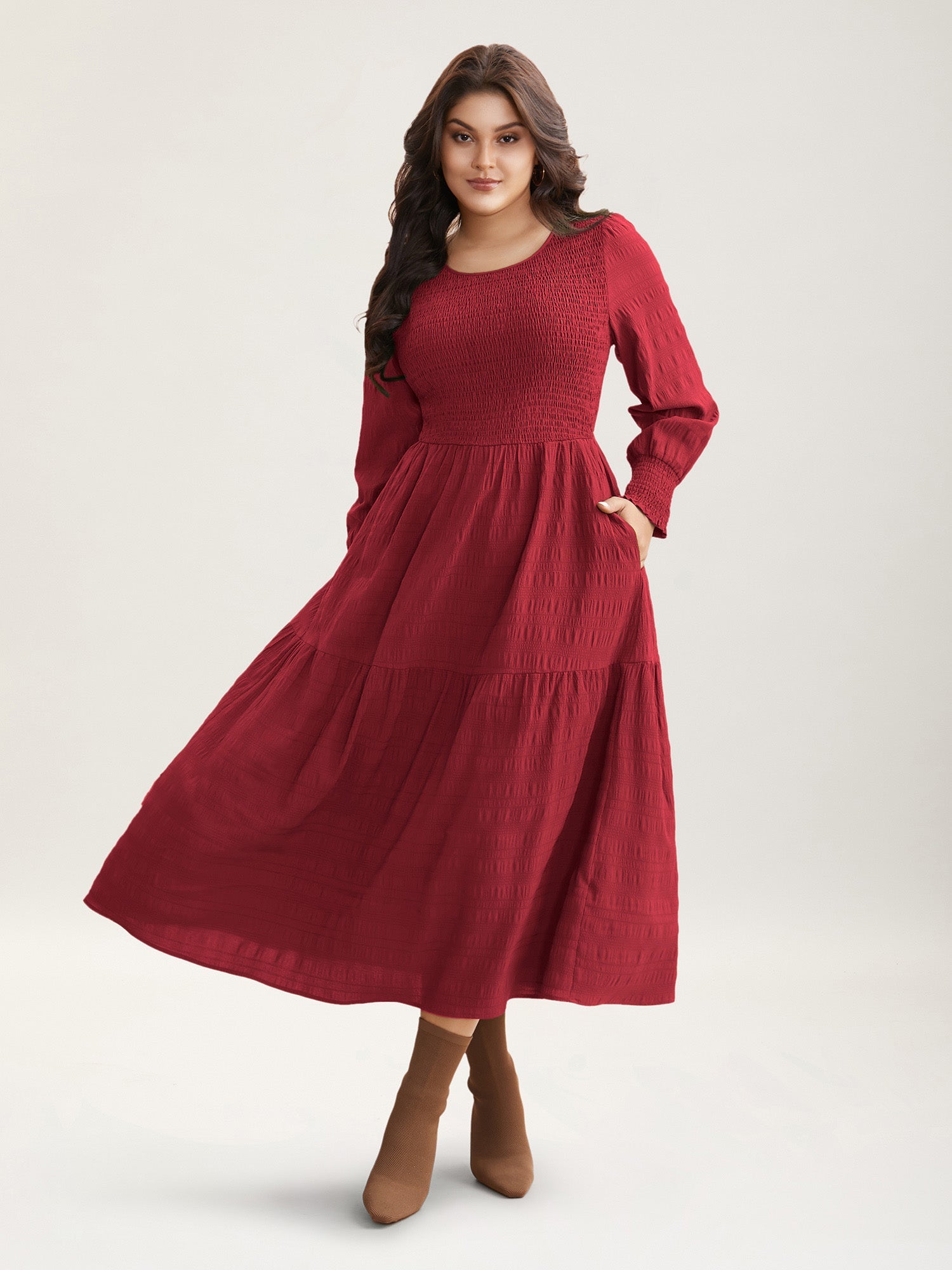 Plain Textured Shirred Midi Dress