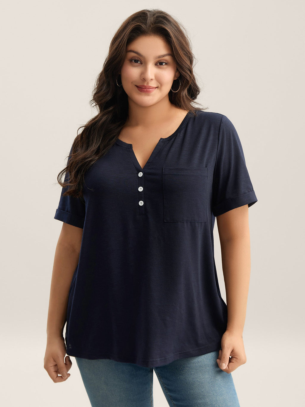 Solid Split Neck Button Detail T-Shirt