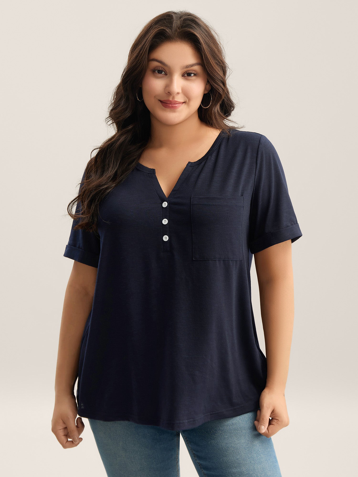 Solid Split Neck Button Detail T-Shirt