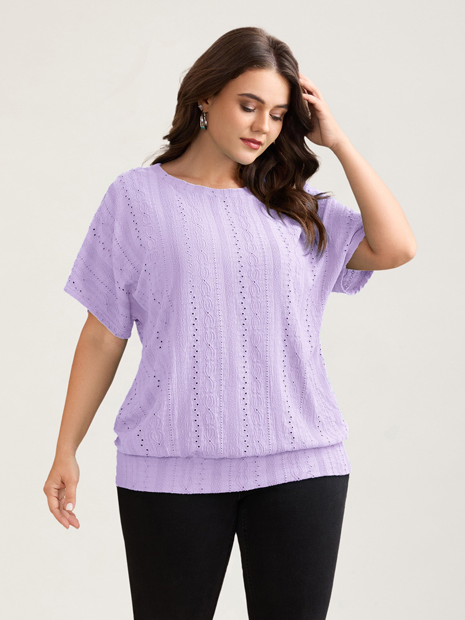 Eyelet Trim Stretchy Textured Plain Top