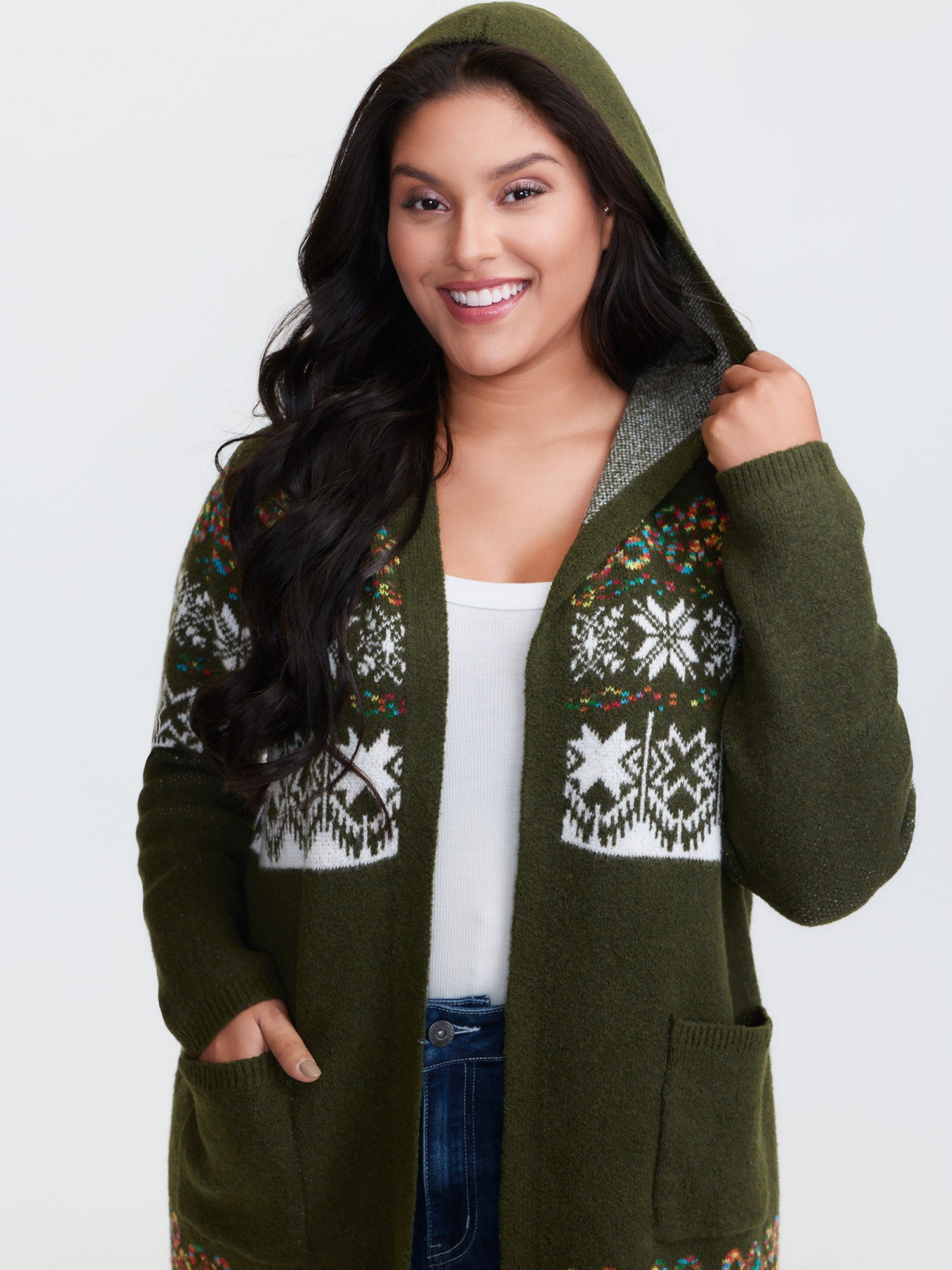 Boho Print Jacquard Hooded Knit Cardigan