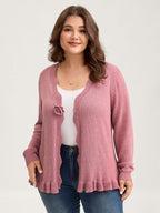 Supersoft Textured Floral Button Ruffled Hem Knit Cardigan