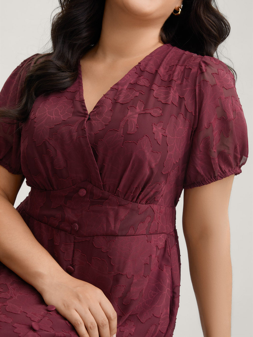 Solid Textured Lantern Sleeve Button Detail Dress