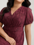 Solid Textured Lantern Sleeve Button Detail Dress