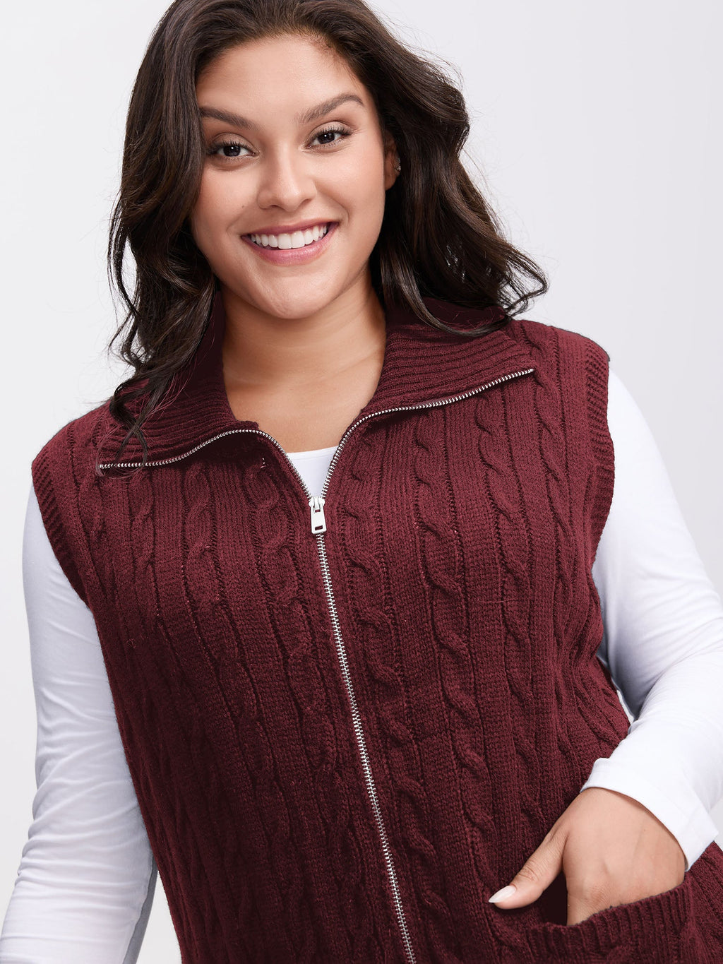 Cable Zipper Sleeveless Knit Cardigan