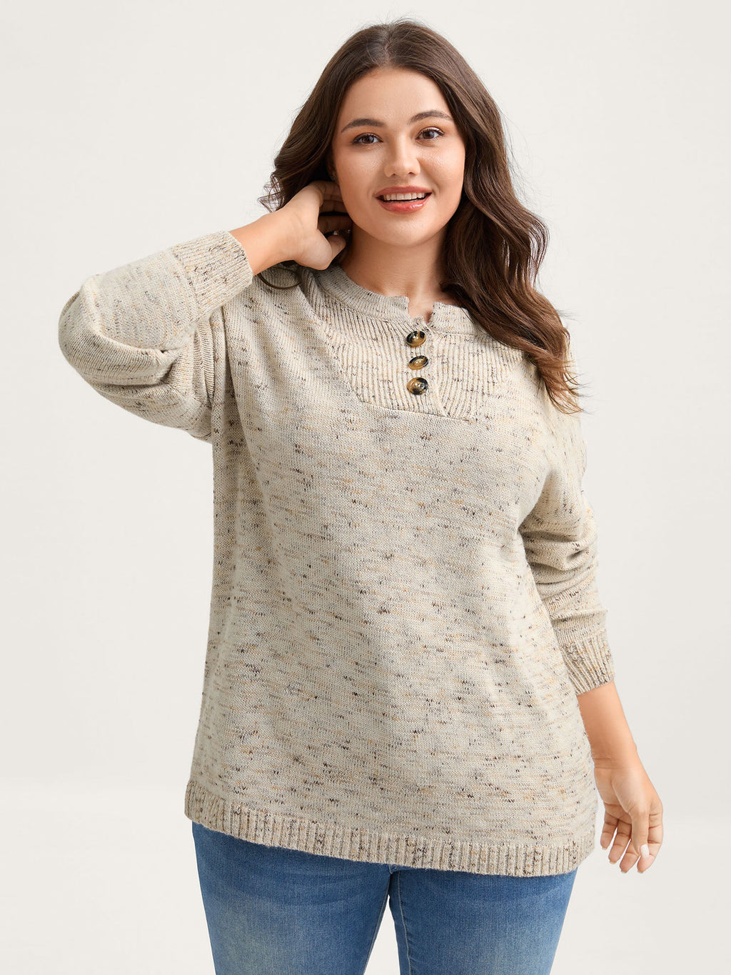 Heather Textured Button Neck Pullover