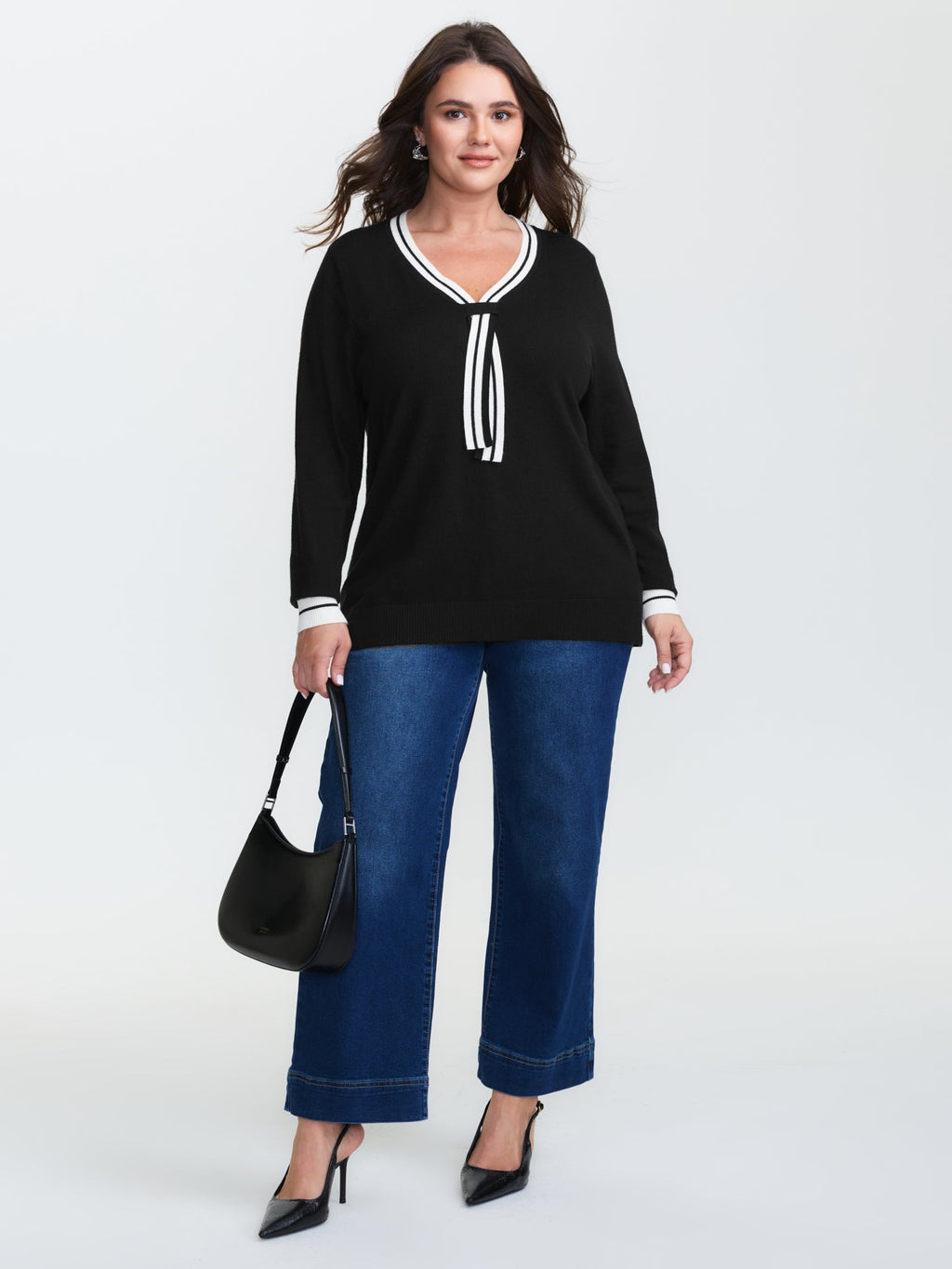 V-Neck Contrast Long Sleeve Pullover