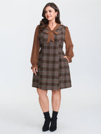 Vintage Check Tweed Ribbon Collar Midi Dress