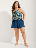 Floral Print Keyhole Pockets Swim Romper