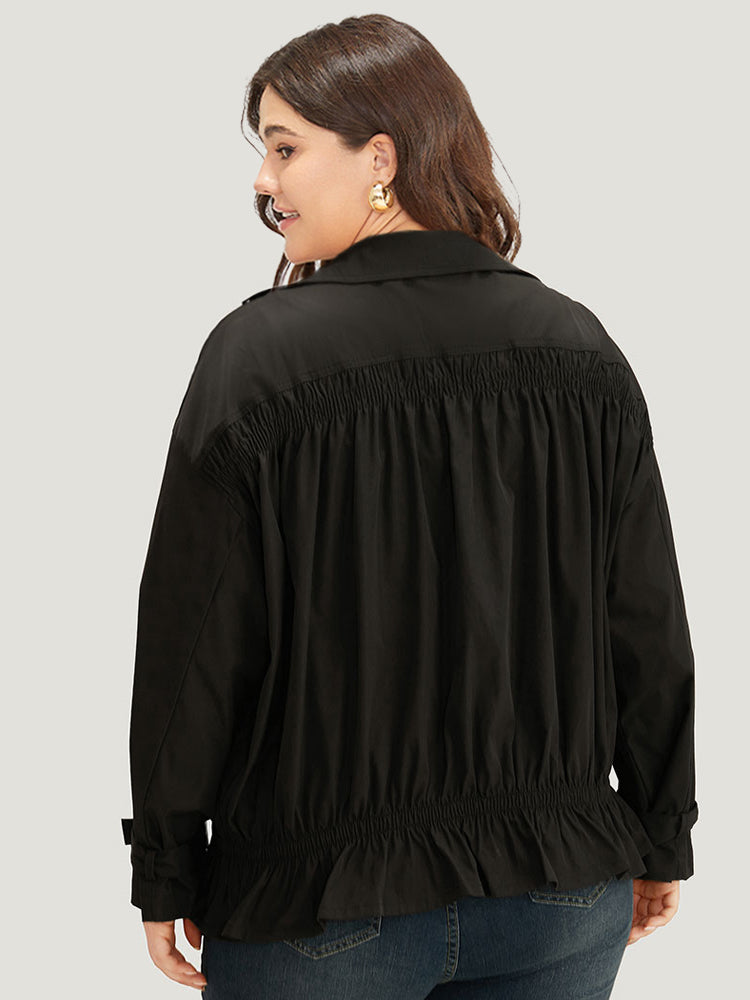 Shirred Lapel Collar Metal Buckle Button Up Coat