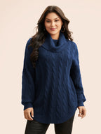 Turtleneck Cable Knit Curved Hem Pullover