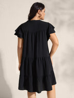 Embroidered Neckline A-Line Ruffled Knee-Length Dress