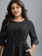 Crew Neck Polka Dot Waist Cinched Dress