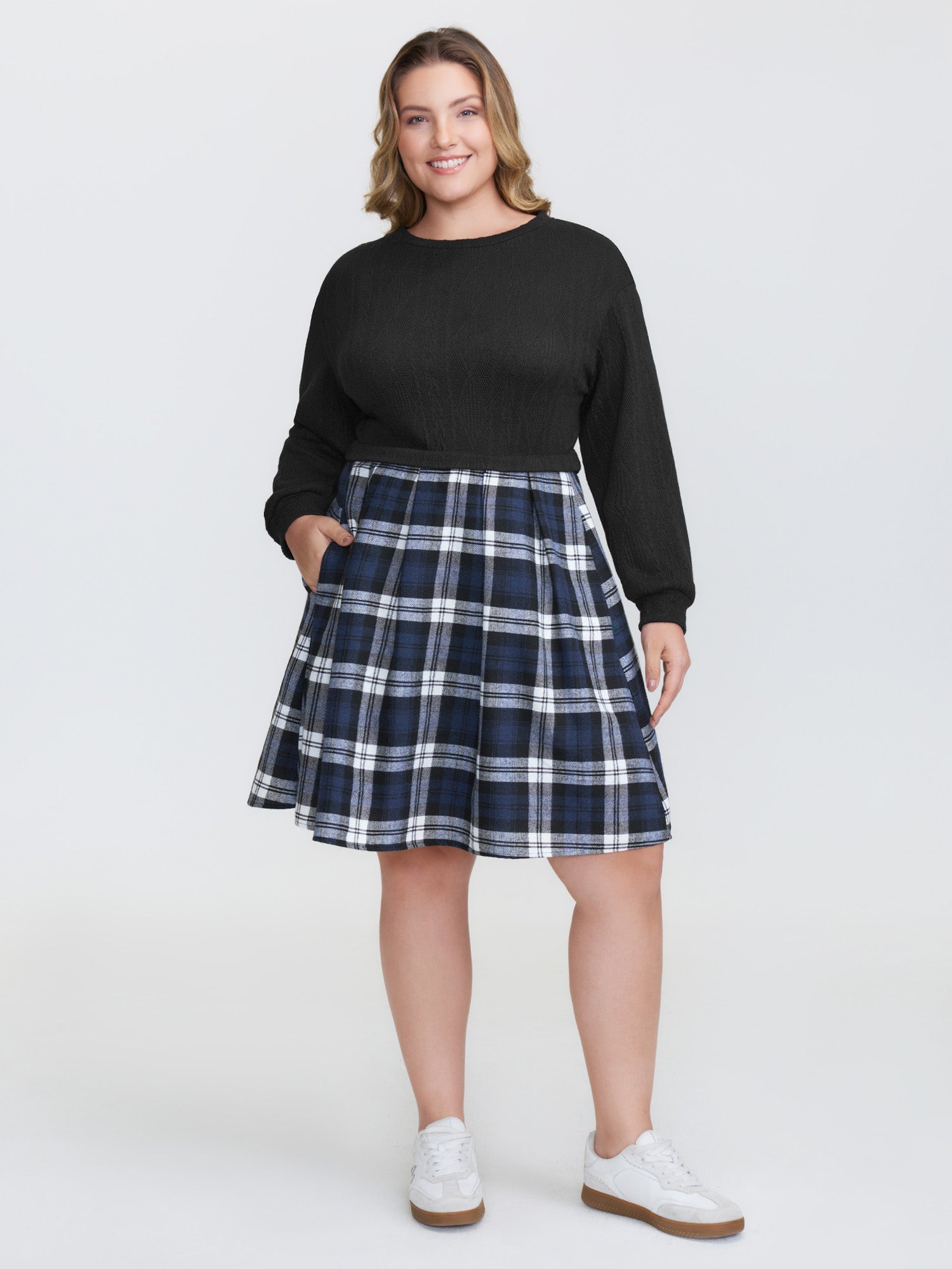 Layered Plaid Pockets Midi Dress