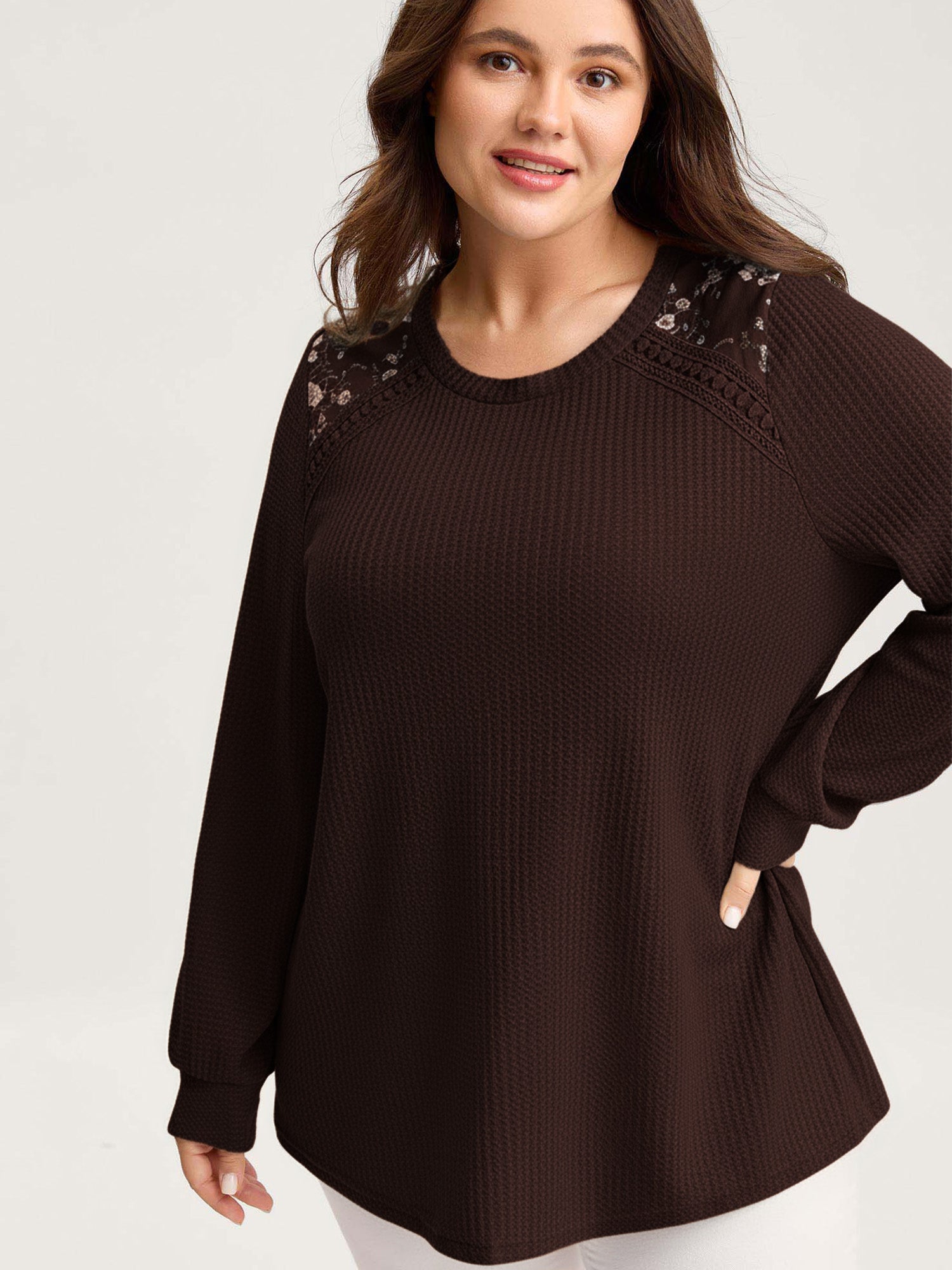 Waffle Spliced Floral Lace Sweatshirt