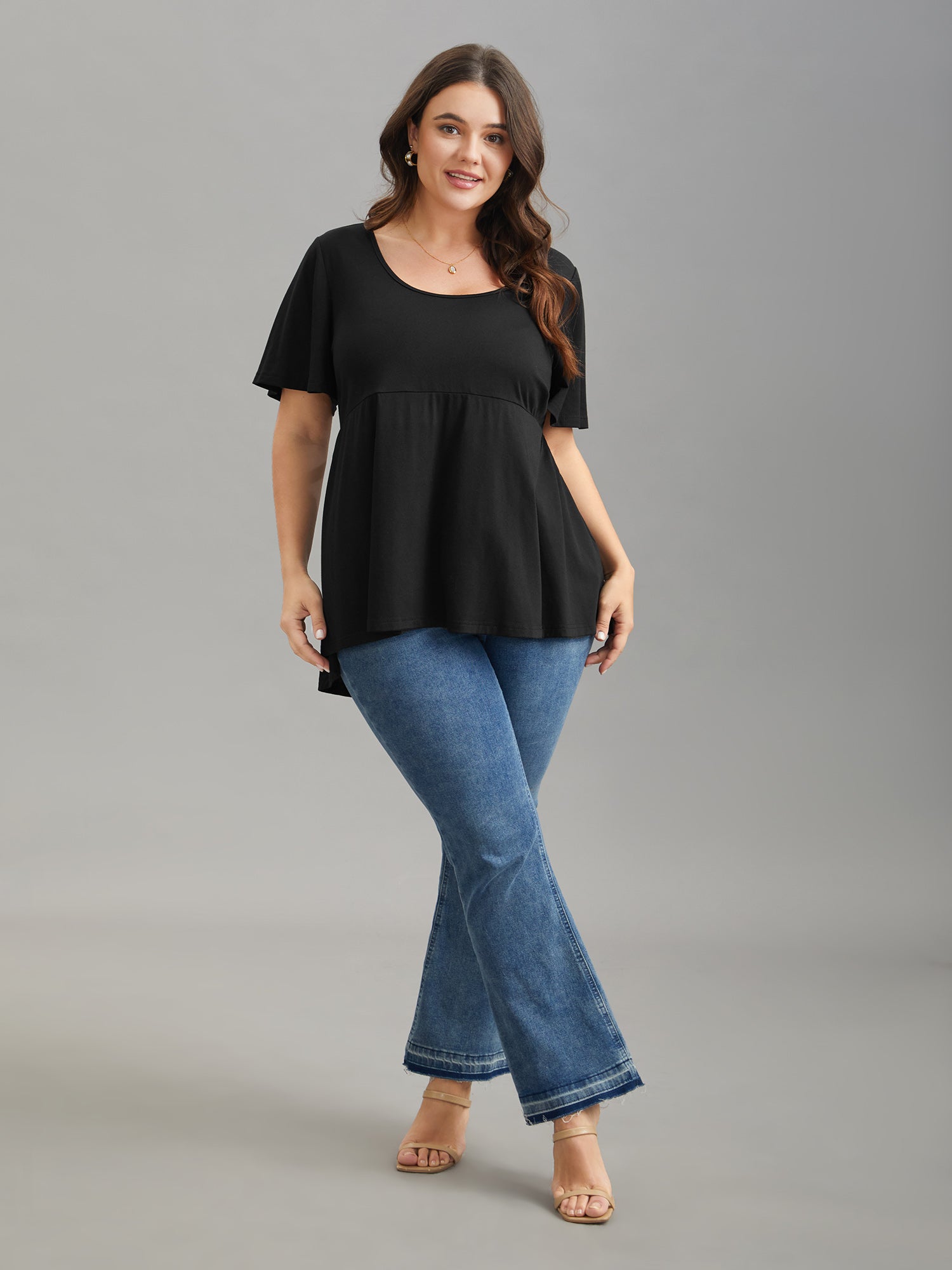 Ruffled Sleeve Round Neck Babydoll Top