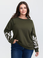 Leaf Embroidered Sleeve Round Neck Sweatshirt