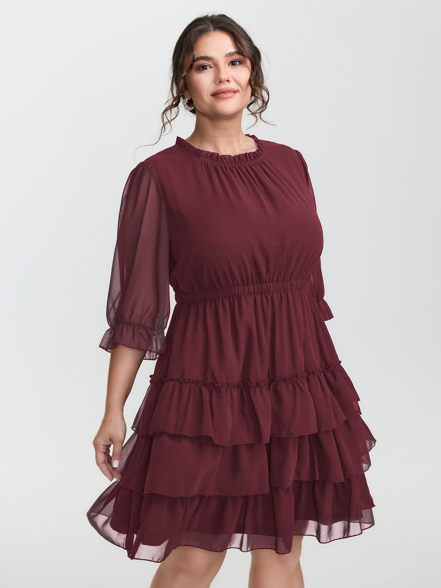 Three-Quarter Sleeve Tulle Skirt Knee-Length Dress