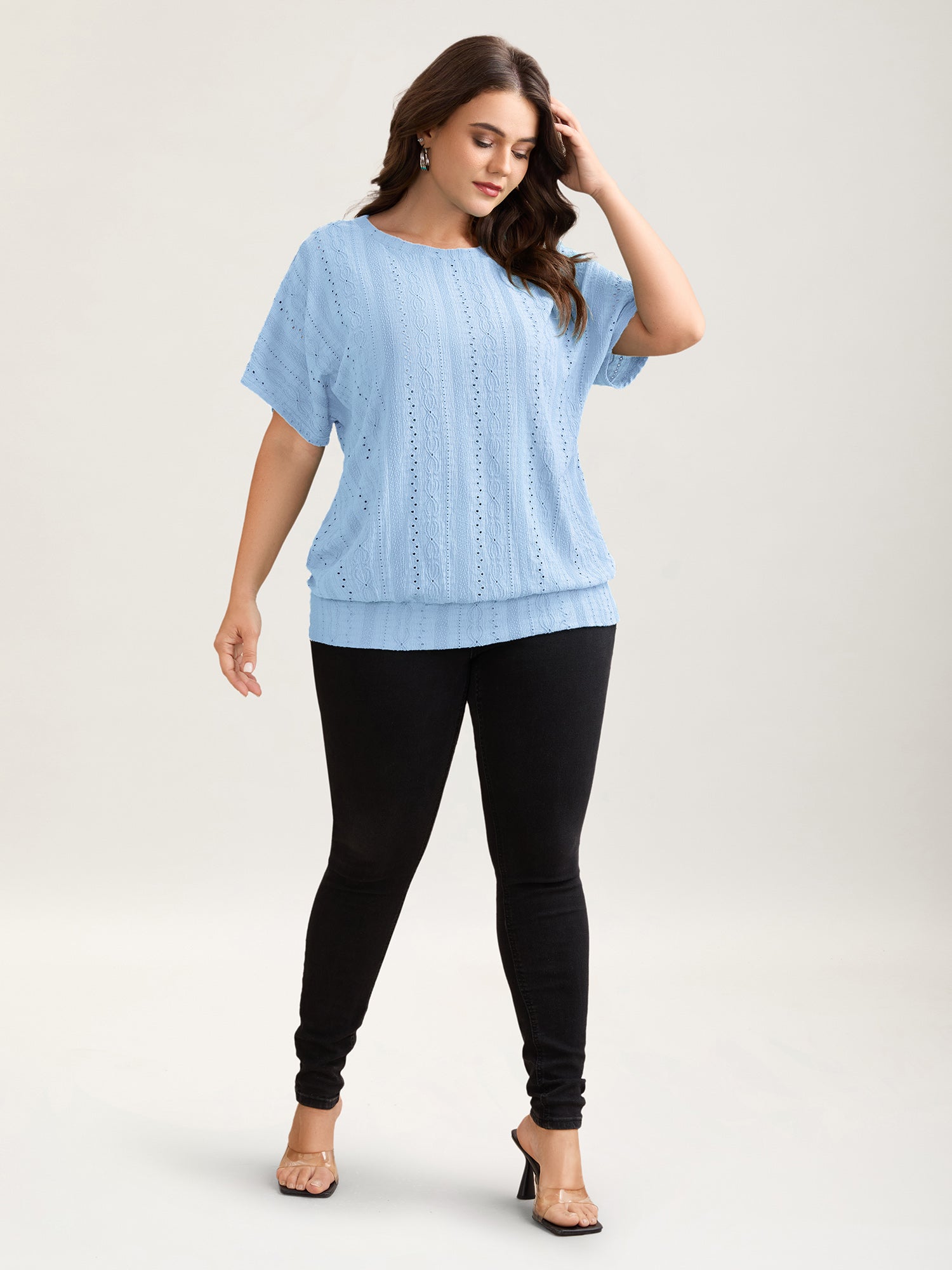 Eyelet Trim Stretchy Textured Plain Top