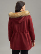Plian Drawstring Zipper Fuzzy Trim Hooded Coat