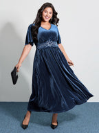 Velvet Celestial Embroidery Shirred Maxi Dress