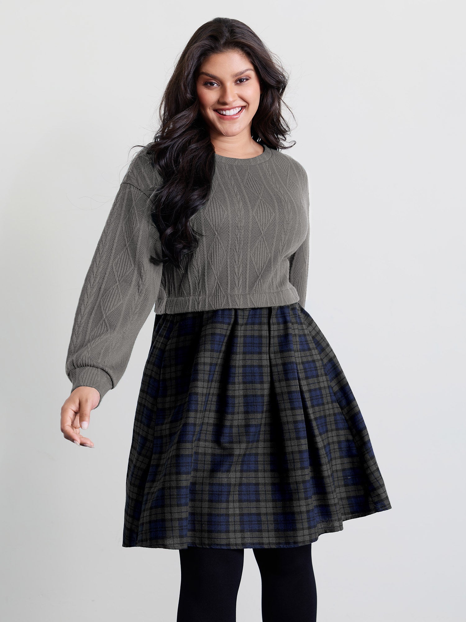 Layered Plaid Pockets Midi Dress