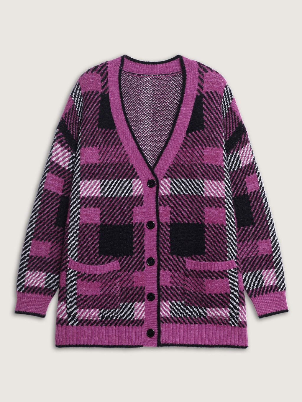 Fuzzy Plaid Pattern Button Knit Cardigan