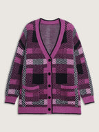 Fuzzy Plaid Pattern Button Knit Cardigan