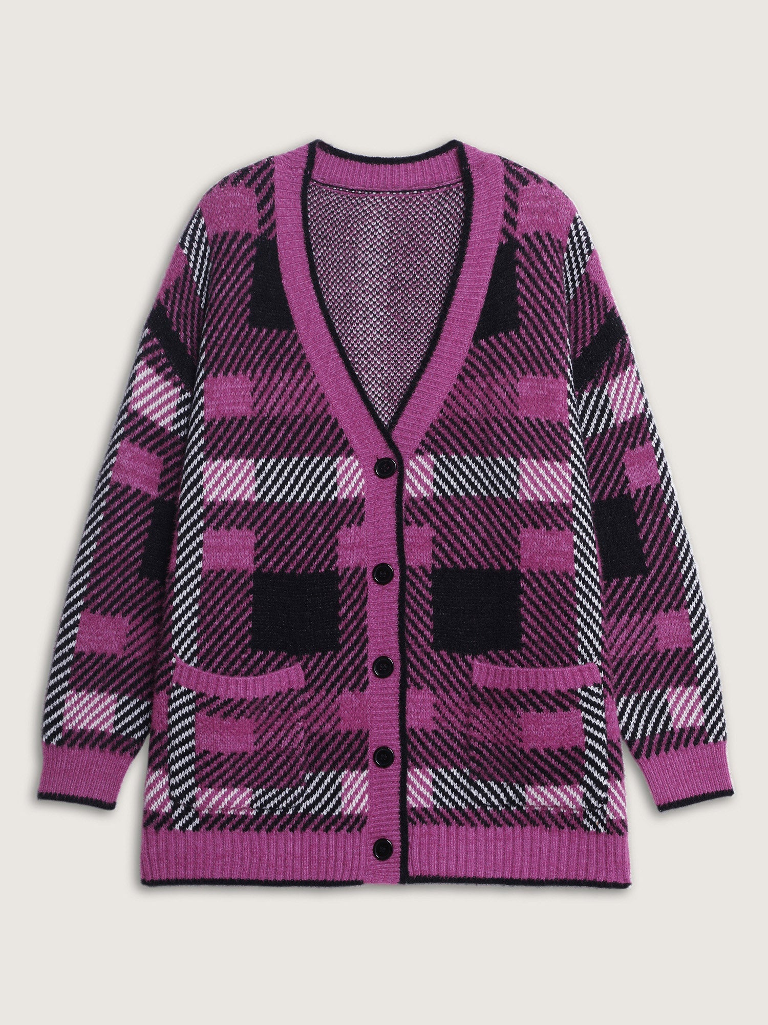 Fuzzy Plaid Pattern Button Knit Cardigan