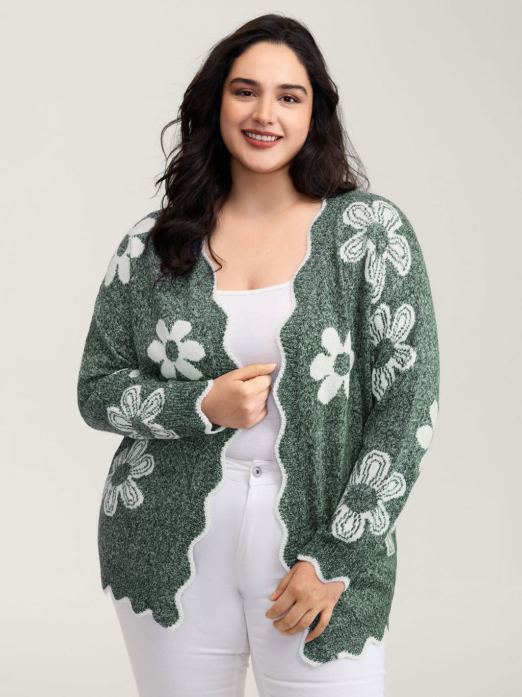 Floral Pattern Open-Front Knitted Cardigan