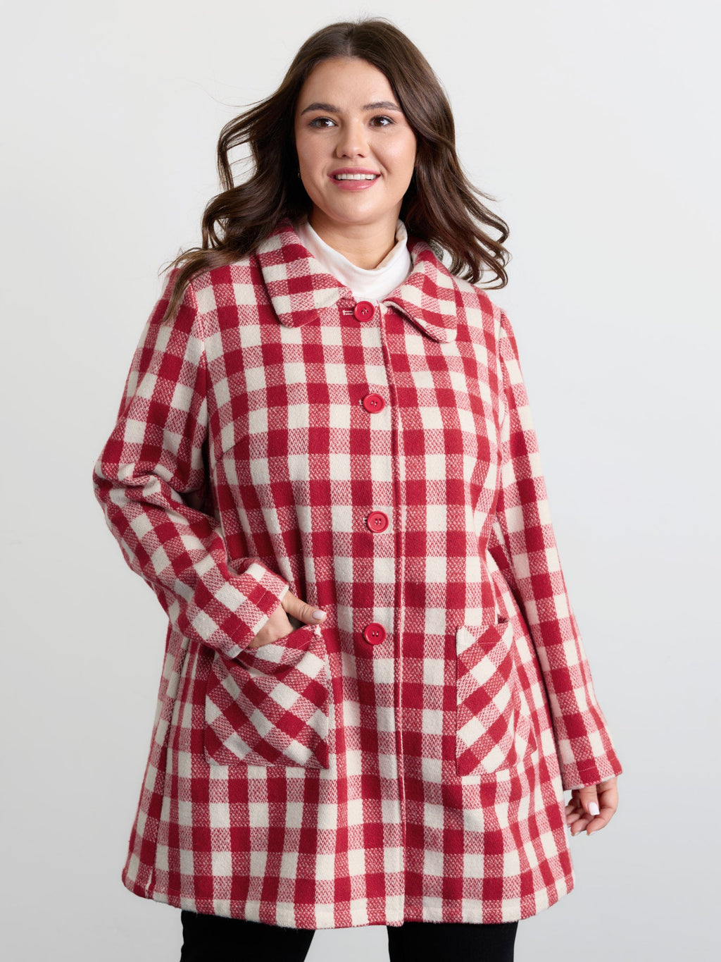 Gingham Doll Collar Pockets Coat