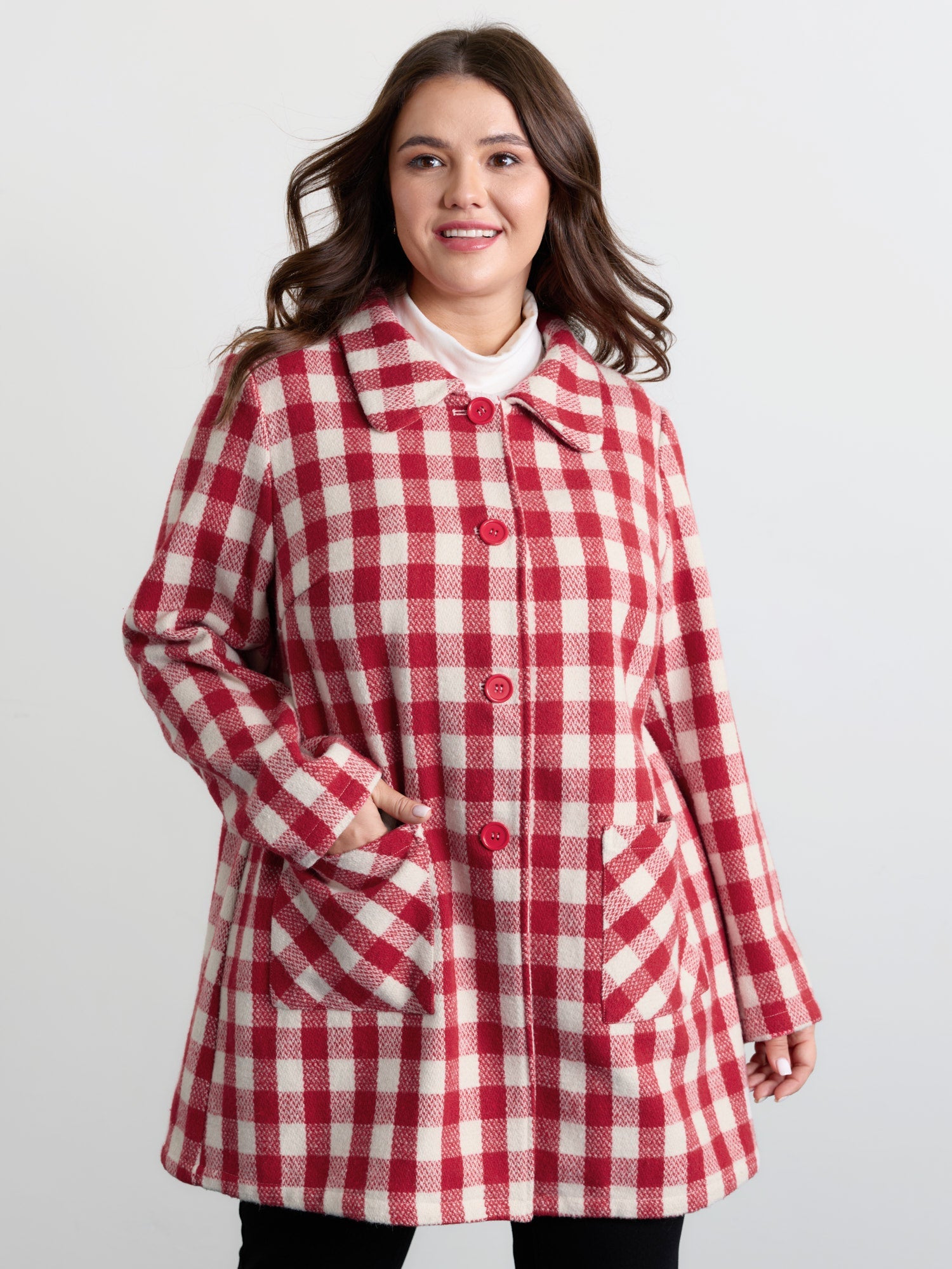 Gingham Doll Collar Pockets Coat
