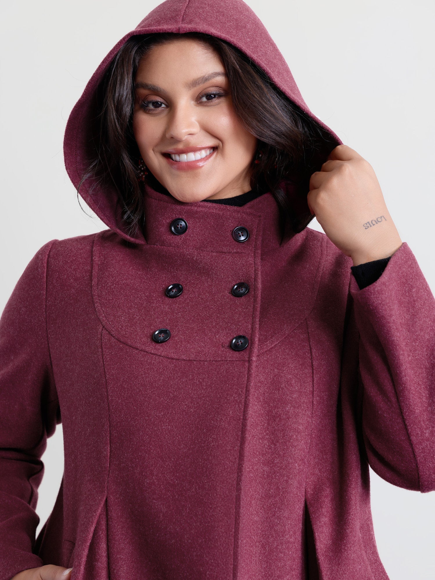 Hooded Pleated Pockets Waist-Defining Coat
