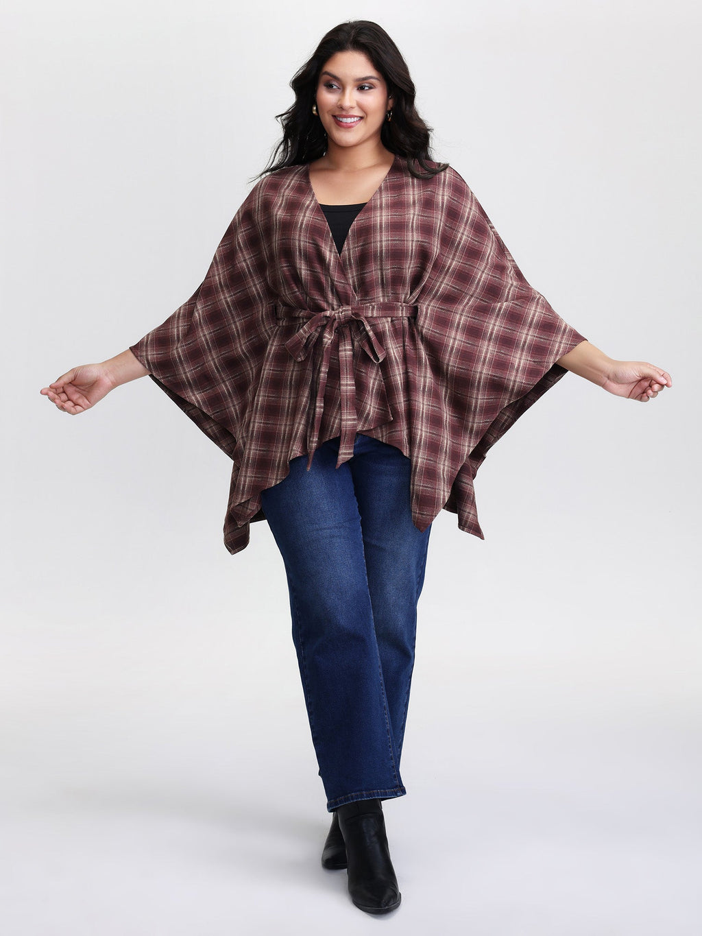 Plaid Asymmetrical Hem Cinched-Waist Coat