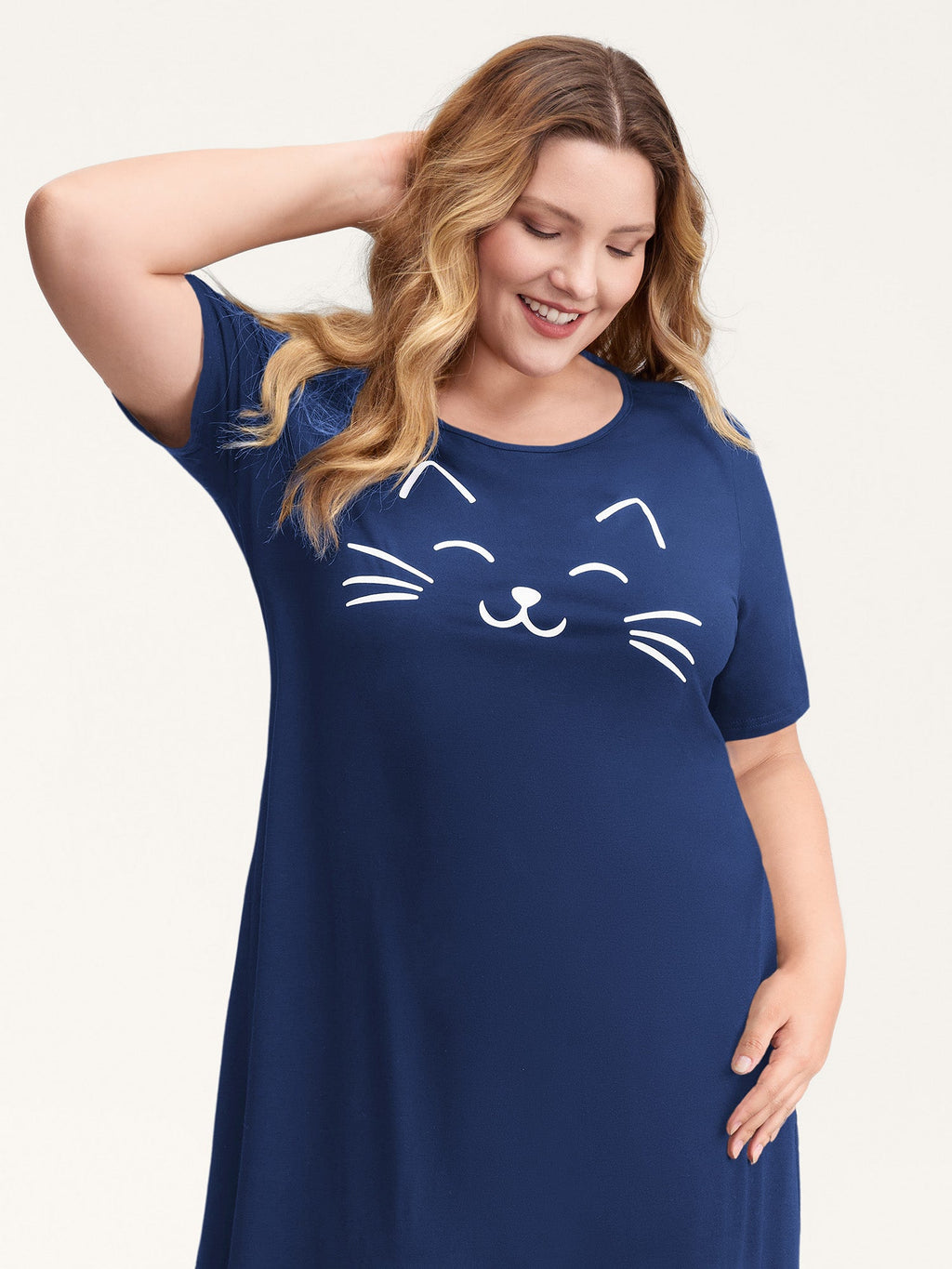 Happy Cat Print Stretchy Contrast Sleep Dress