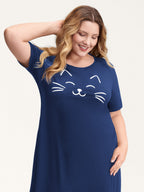 Happy Cat Print Stretchy Contrast Sleep Dress