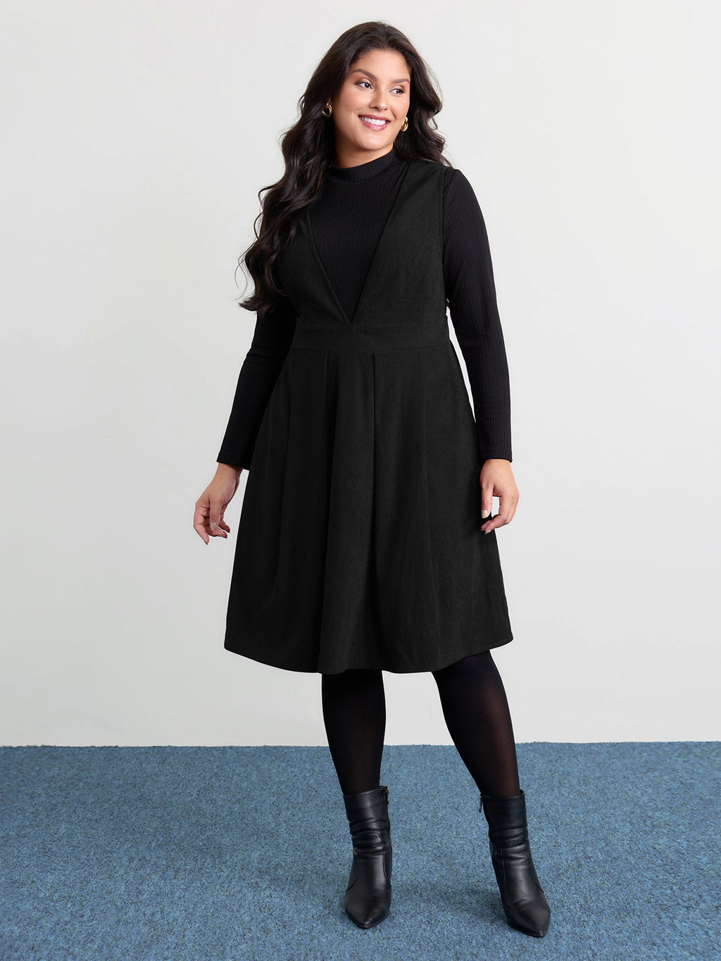 Corduroy Stretchy Waist V-Neck Midi Dress