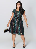 Shimmery Sequin Stripe Cinched-Waist Midi Dress