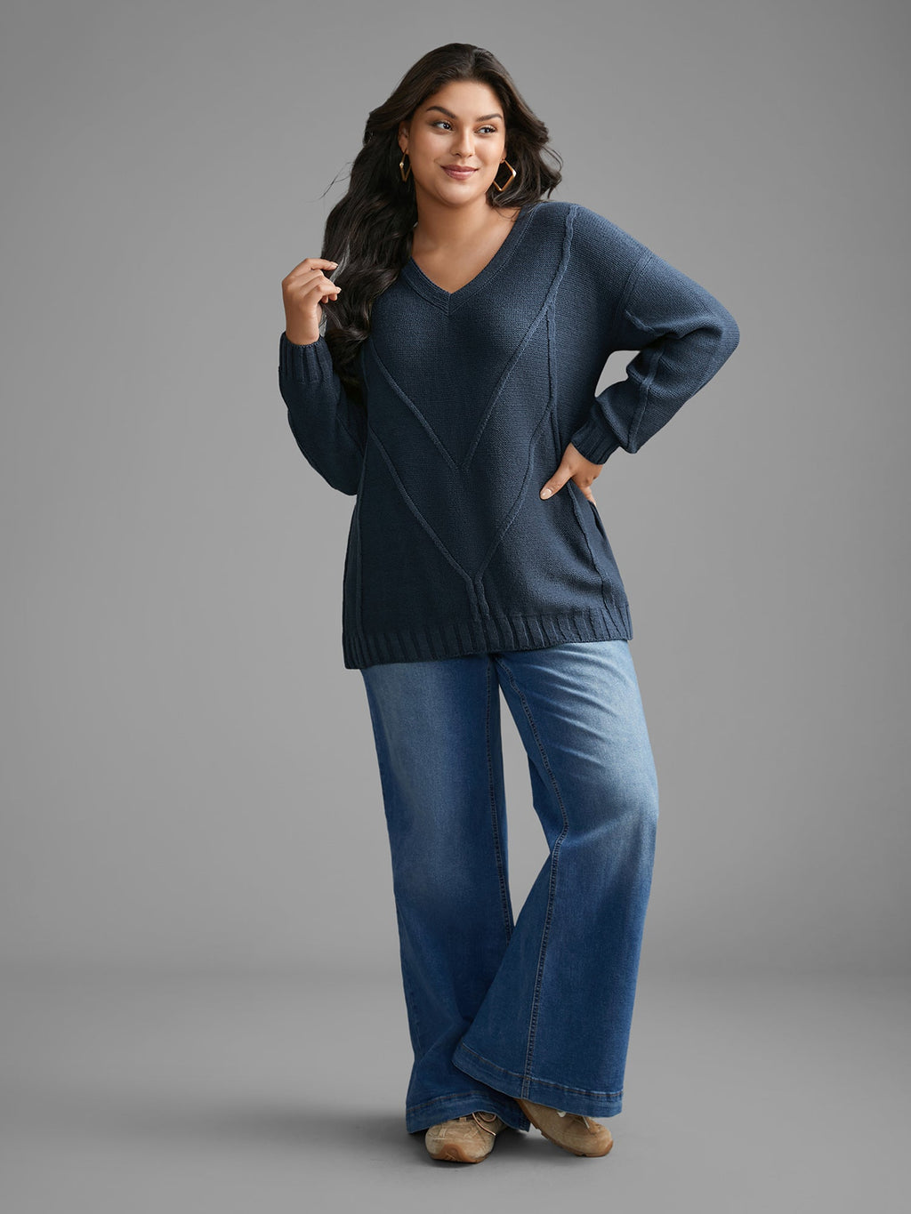 V Neck Cable Knit Texture Pullover