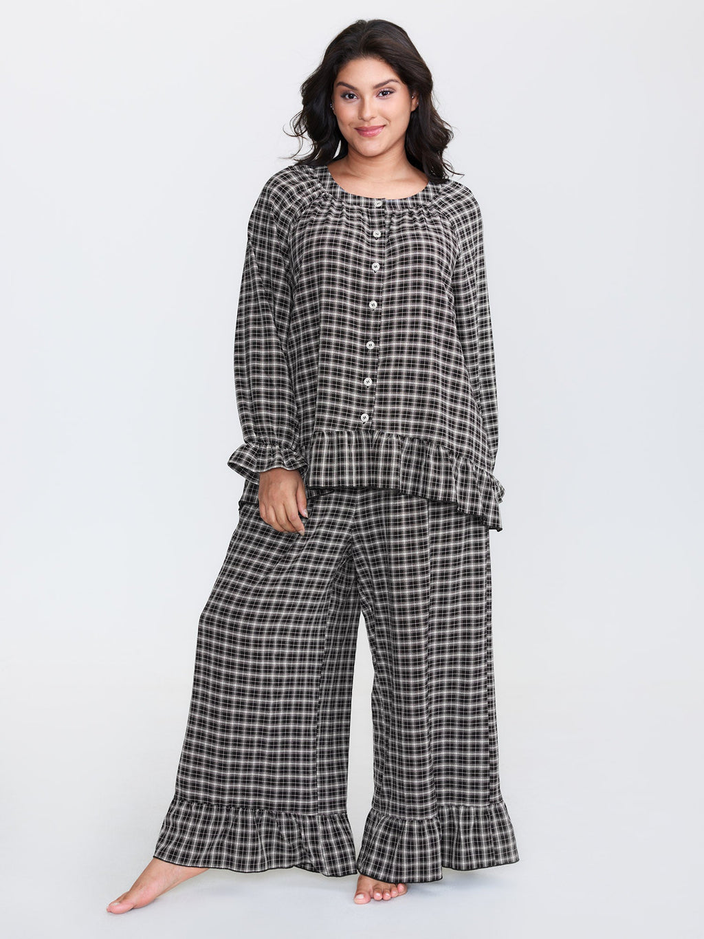 Gingham Ruffled Hem Loungewear Set